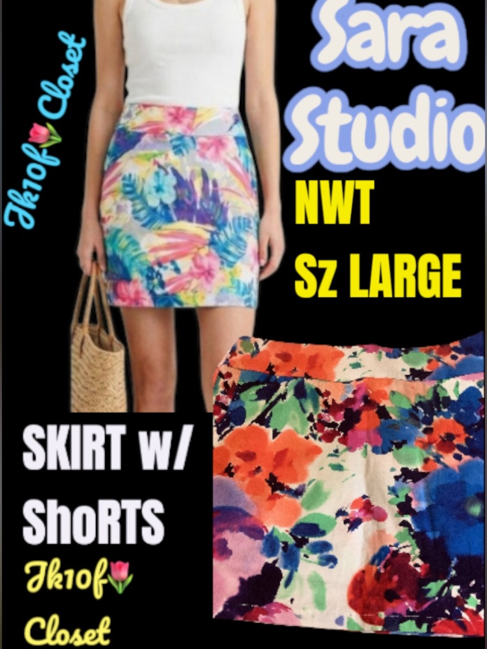 LOWEST🌺 NWT SARA STUDIO LARGE MULTICOLOR FLORAL SKIRT w/ BUILT IN SHORTS SKORT